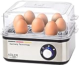ADLER AD 4486 Eierkocher für 8 Eier mit Messlöffel, 800 W, Kochzubehör für weiche, harte gekochte Eier, Kontrollleuchte, Automatische Abschaltung, silber/schwarz