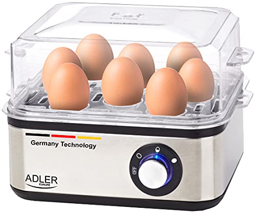 ADLER AD 4486 Eierkocher für 8 Eier mit Messlöffel, 800 W, Kochzubehör für weiche, harte gekochte Eier, Kontrollleuchte, Automatische Abschaltung, silber/schwarz