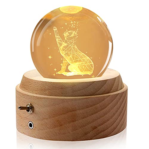 Aoweka Spieluhr, 3D Kristallkugel Spieluhr Mit Warmem Licht Projektionsfunktion, Rotierende K9 Kristallkugel Geschenke für Frauen, Geburtstagsgeschenk, Weihnachtengeschenk (Katze)