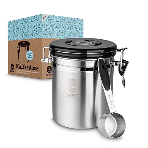 Coffeema® Premium Kaffeedose Edelstahl – 500 g Bohnen - [1500] ml Fassungsvolumen – Inklusive Kaffeelöffel mit Halterung – Integrierte Trennvorrichtung (Silber)