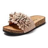 JOMIX Pantoletten Damen Sommer Sandalen mit Kork Fußbett Elegant Flach Strandsandalen Weiche Blumen Wandern Meer Strand Slides (Beige, 40 EU)