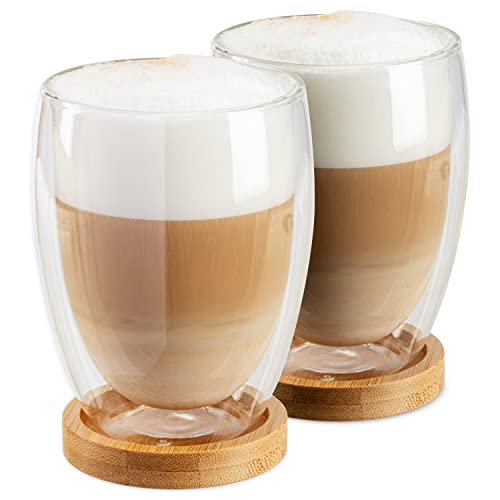 BlackSea 2x 350 ml doppelwandige Gläser mit Bambus Untersetzer (Thermogläser Set Latte Macchiato Cappuccino Kaffee Tee Cocktail)