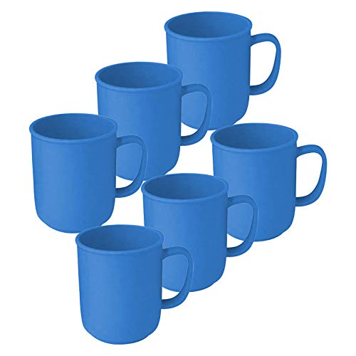 6 Tassen mit Henkel à 300 ml Blau, wiederverwendbar, aus Kunststoff, Kaffeetasse Teetasse Becher Henkelbecher Henkeltasse