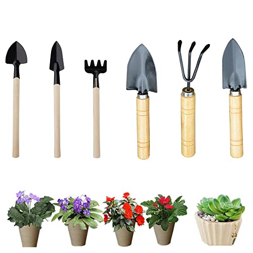 Mini Holzgriff Eisen Gartenwerkzeug Set, Mini Gartenwerkzeugen Schaufel, Gartenwerkzeug-Set, 6 Stücke Geeignet für Gartenutensilien wie Blumen Pflanzen, Umpflanzen und Erde Auflockern