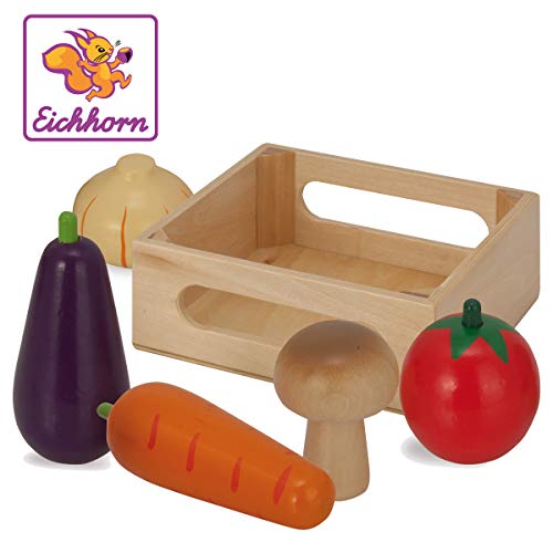 Eichhorn 100003735 - Holzbox mit Gemüse, enthält Karotte, Aubergine, Tomate, Zwiebel, Pilz, 13x12,5x5cm, 6-tlg., Birkenholz