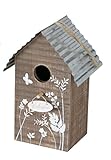 CasaJame Holz Vogelhaus für Balkon und Garten, Nistkasten, Haus für Vögel, Vogelhäuschen, Natur braun mit weißer floralen Bemalung Zinkdach und Schild Welcome 15x12x22cm