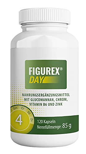 FIGUREX Day Stoffwechsel Kur Kapseln - schnell Abnehmen ohne Hunger mit Glucomannan - natürlicher Appetitzügler und Appetithemmer mit und ohne Diät oder Sport, 120 Kapseln, 85 g