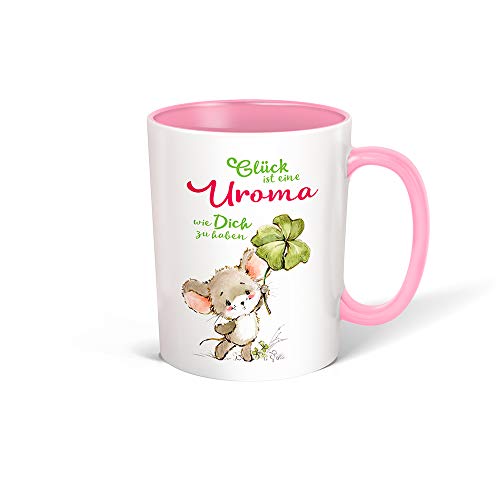 Trötsch Tasse Glück Uroma weiß rosa: Kaffeetasse Teetasse Geschenkidee Geschenk (Keramiktasse / Glücksmaus)