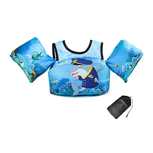 JEVDES Schwimmflügel Schwimmweste mit Schultergurt für Kinder Kleinkinder von 2-7 Jahre 15-30kg Schwimmen Lernen Schwimmhilfe mit verschiedenen Designs für Jungen und Mädchen (Captain Dolphin)