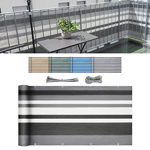 Sekey Balkon Sichtschutz Balkonabdeckung HDPE 220 g/m², Leicht Transparent Wind- und UV-Schutz Wetterfest, mit Ösen, Nylon Kabelbinder und Kordel Graue Streifen 0.9×6m
