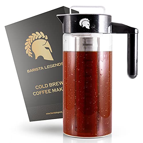 Barista Legends Cold Brew Coffee Maker - 1200ml Glas Kaffeebereiter mit Kunststoff Griff - Optimale Form für den Kühlschrank dank schlankem Design - permanent Edelstahlfilter für perfekten Coldbrew