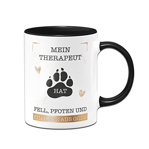 Tassenbrennerei Hunde Tasse mit Spruch Mein Therapeut hat Fell, Pfoten und ein Herz aus Gold - Kaffeetasse als Geschenk Hundebesitzer (Schwarz, Hund)
