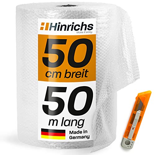 Hinrichs Luftpolsterfolie 50cm x 50m - Verpackungsmaterial für empfindliche Objekte - Versandfolie - Polsterfolie für Umzug - Bubble Wrap Roll - inkl. Cutter