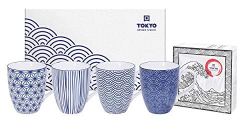 TOKYO design studio Nippon Blue, 4 Tassen Set in dekorativer Geschenkbox, Porzellan Geschirr, 380ml