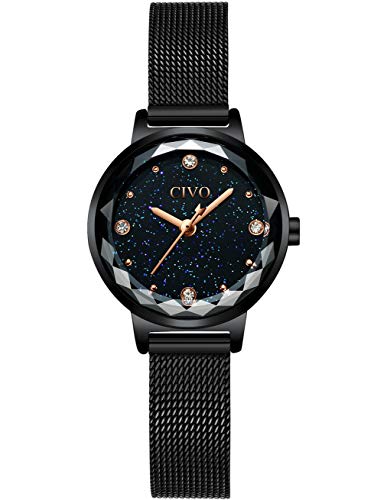 CIVO Damen Uhren Wasserdicht Silm Minimalistisch mit Edelstahl Mesh Armband Mode Kleid Elegant Beiläufig Quarzuhr für Damen,Schwarz/Blau