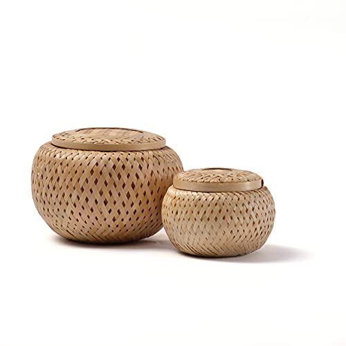 Gekkoli 2er-Set von kleinen dekorativen Koerben mit Deckel aus Bambus zur Aufbewahrung von kleinigkeiten, handgefertigt und geflochten (Zwei Runden)