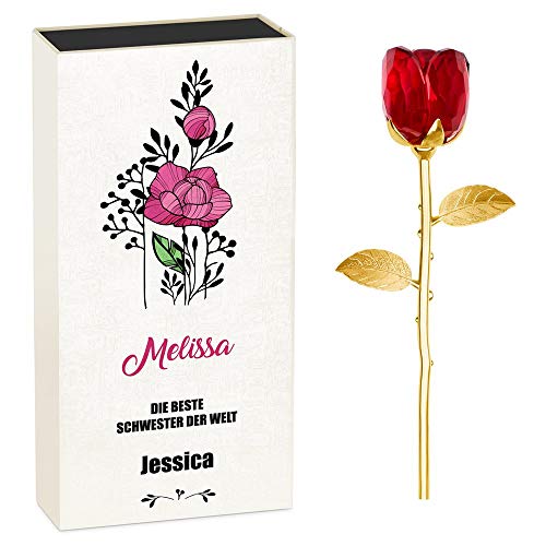 Maverton Glas-Rose im personalisiertem Box - Kristall Rose - Ewige Rose aus Glas Unsterbliche Rosen aus Glas - Rot - vergoldet - Geschenk für Frauen Damen - Rosig