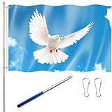 Tatuo Friedensfahne 150 x 90 cm Tauben Gartenflagge Himmel Fahne Friedenstaube Flagge mit Blauer Edelstahl Fahnenstange Aufhängen Schnur und 2 Schnallen für Drinnen Draußen Garten Balkon Deko Zubehör