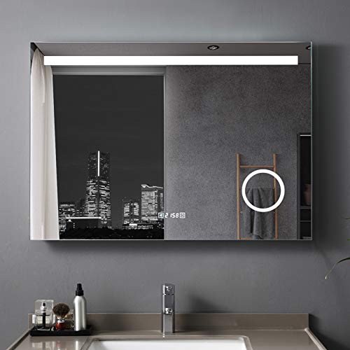 LISA 100 x 70 cm LED Badspiegel Beleuchtung Touchschalter IP44 Wandspiegel Antibeschlage Lichtspiegel mit Uhr und 3-Fach Vergrößerung