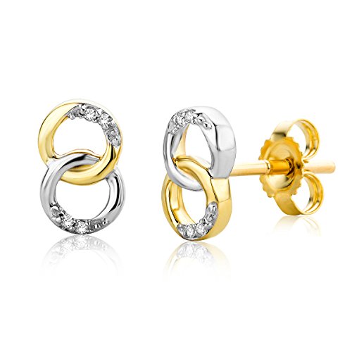 Miore Schmuck Damen 0.02 Ct Diamant Ohrstecker mit doppeltem Kreis und Diamanten Brillanten Ohrringe aus Bicolor Gelbgold und Weißgold 9 Karat / 375 Gold