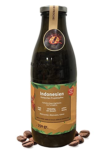 Indonesien Orang Utan Projektkaffee von der Kaffeerösterei Mondo del Caffè | 350 gr. verpackt in Braunglasflasche | ganze Bohnen | fair & direkt gehandelt | schonend geröstet