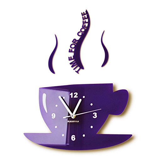 FLEXISTYLE Tasse Time for Coffee (Zeit für Kaffee) Moderne Küche Wanduhr lila 3D römisch, wanduhr deko