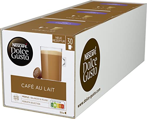 NESCAFÉ Dolce Gusto Café au Lait, XXL-Vorratsbox, 90 Kaffeekapseln, ausgewählte Robusta Bohnen, leichter Kaffeegenuss mit Cremigem Milchschaum, 3er Pack (3 x 30 Kapseln)