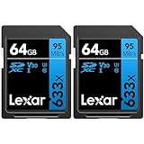 Lexar Professional 633x SD Karte 64GB, SDXC UHS-I Speicherkarte, Bis zu 95 MB/s Lesen, für DSLR-Mittelklasse, HD-Camcorder, 3D-Kameras (LSD64GCB1EU633) (Packung mit 2)