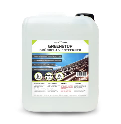 TerraDomi 5 Liter Greenstop für 1500m² I Grünbelagentferner 1:50 Konzentrat gegen Flechten und Algen I Dach- und Steinreiniger I effektiver Fassadenreiniger | A.K.B.