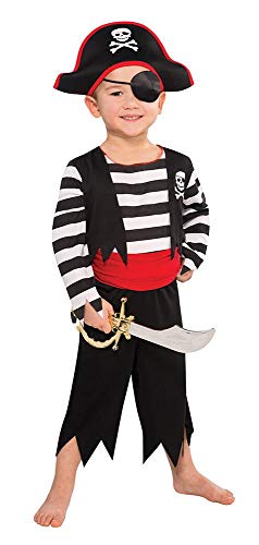 Tante Tina Piratenkostüm Jungen - 5-teiliges Piratenkostüm für Jungen mit Tunika , Hose , Gürtel , Augenklappe und Kopfband - Schwarz / Weiß / Rot - Größe S ( 116 ) - für Kinder von 3 bis 5 Jahren