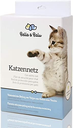 Bella & Balu Katzennetz inkl. Haken, Dübel, Rundumseil und Anleitung – Transparentes Schutznetz für Katzen zur Absicherung von Balkon, Terrasse, Fenster und Türen (transparent | 4 x 3 m)