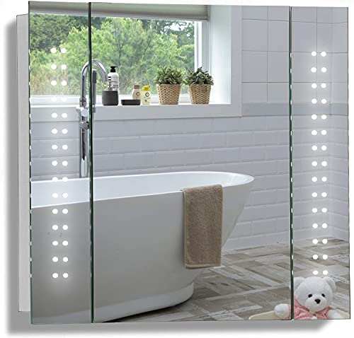 Mood LED beleuchteter Badezimmer Spiegelschrank mit Antibeschlag-Pad, Steckdose, Sensor-Schalter und LED-Lichter, TÜV geprüft, Galaxy 60cm x 65cm x13.5cm (HxBxT)
