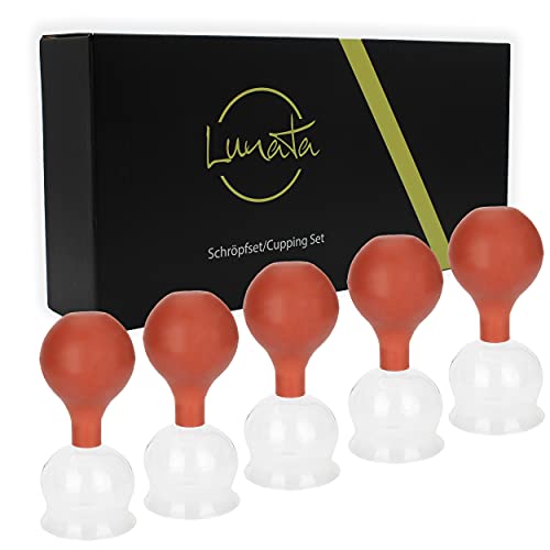 Lunata 5x Schröpfgläser aus Echtglas mit Saugball, Ø 50 mm, Schröpfglas für eine Schröpfmassage gegen Verspannungen & Cellulite & Schmerzen