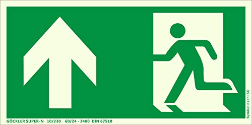 Hochwertiges Notausgangsschild Rettungsweg OBEN Symbol-Schild, Gr.: 300 x 150 mm, langnachleuchtende Kunststoffplatte mit selbstklebender Schaumschicht grün, Symbol nach ISO 7010 ,SUPER-N DIN 67510
