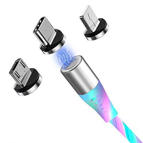 Magnetisches Ladekabel USB Magnet Multi 3 in 1 Schnellladung Kabel mit Fließendem LED Licht Micro USB Typ C Lighting Datenkabel für Samsung Galaxy S7 S8 S9 S10,Huawei P10 P20,i-Product 6-XR und mehr