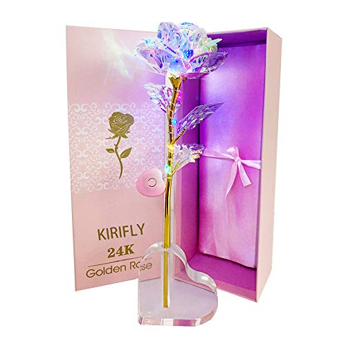 KIRIFLY Gold Rose Geschenk für Blumen Künstlich mit LED-Leuchte Deko Unechte Blumen für Hochzeitstag Freundin Ehefrau Muttertag Dankeschön Schwester Jahrestag Weihnachtstag
