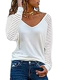 Dokotoo Damen Oberteile Weiß Streifen Mesh Langarmshirt Casual V-Ausschnitt Bluse Shirt Tops Medium