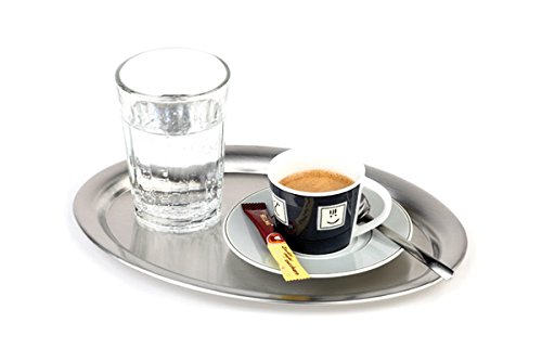 APS Serviertablett „Kaffeehaus“, klassisches Wiener Kaffeehaus Tablett, Edelstahl Tablett, matt poliert, oval, Rand eingerollt, 19 x 15 cm, 1 cm Höhe