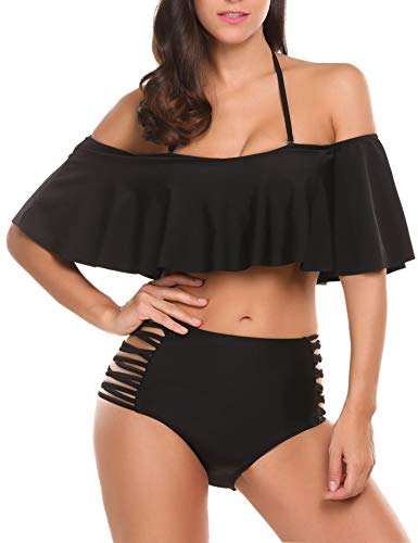 UTOVME Frauen-Schulter mit hoher Taille Flounce Bikini-Sets, Schwarz, Gr. M=EU 85
