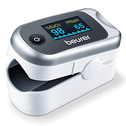 Beurer PO 40 Pulsoximeter, Messung von Sauerstoffsättigung (SpO₂), Herzfrequenz (Puls) und Perfusions Index (PI), schmerzfreie Anwendung, Farbdisplay, Grau