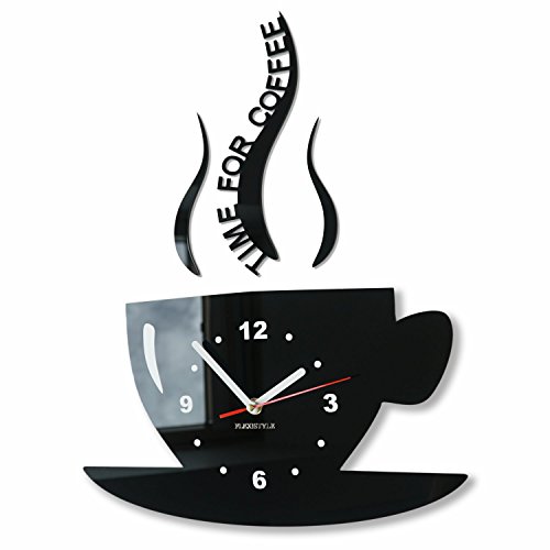 FLEXISTYLE Tasse Zeit für Kaffee Moderne Küche Wanduhr, schwarz, 3D römisch, wanduhr deko