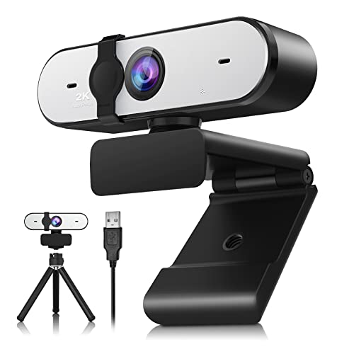 Webcam mit Mikrofon und Stativ, 2K Webcam für PC Laptop Desktop, Webcam USB Plug & Play, USB Computer Kamera für Videoanruf und Aufnahme, Studieren, Web Konferenzen