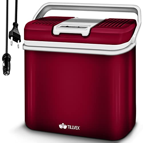 tillvex Kühlbox elektrisch 24L | Mini-Kühlschrank 230 V und 12 V für KFZ Auto Camping | kühlt & wärmt | ECO-Modus (Rot)