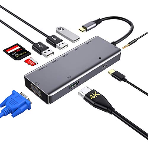 Zedela USB C Hub, 9 in 1 DUAL-Anzeige USB C Adapter mit HDMI,VGA, SD/Micro SD-Kartenleser, Typ C PD,Audio, USB 3.0 Anschlüsse für MacBook Pro/Air, Chromebook, Samsung S10, Huawei Mate 10/P30 usw
