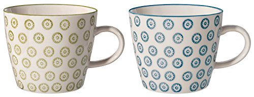 Bloomingville Tassen mit Henkel Isabella Retro Kaffeetasse Teetasse Vintage dickwandige ø 9,5 x H 8 cm, grün blau, Keramik, 2er Set, fasst ca. 280 ml