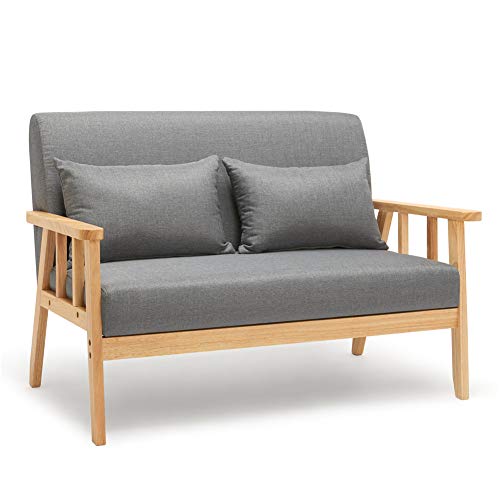 Meerveil Sofa, Sofa 2 Sitzer Sessel mit Kissen Massivholzrahmen Leinen Vintage für Schlafzimmer Wohnzimmer Büro (Dunkelgrau)