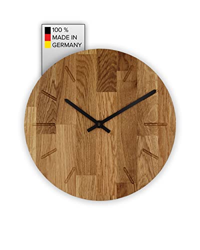 Craftig® Holz Wanduhr - Warm - Eiche massiv, geölt - 100% Made in Germany - nachhaltig - in Handarbeit hergestellt - 30 cm Ø - lautloses Uhrwerk - Moderne Uhr für Küche, Wohnzimmer, Büro, Flur