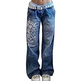 Sawmew Damen Low Waist Wide Leg Jeans Vintage Print Baggy Hose Y2k Distressed Straight Denim Pants Slim Flare Jean e Girl Streetwear (Color : Blue, Size : S)