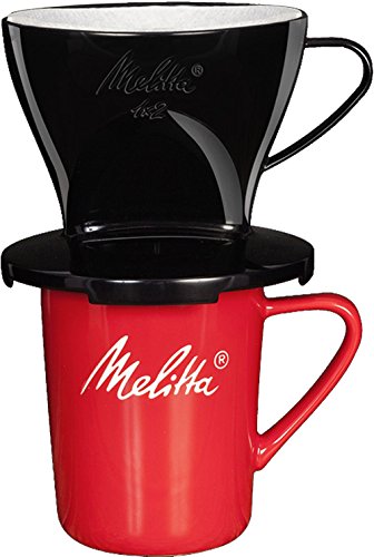 Melitta Kaffee-Set, Kaffeehalter für Filtertüten und Porzellan-Tasse, Kaffeefilter 1x2 Standard, Kunststoff und Porzellan, Schwarz und Rot, 217915