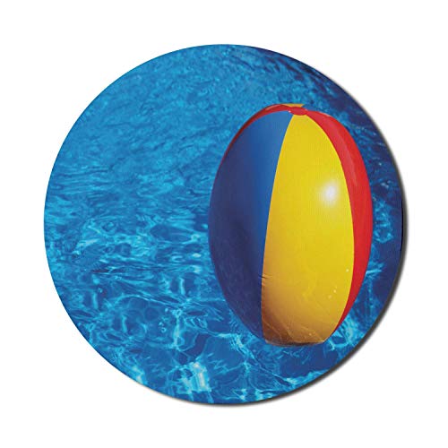 Runde Matte, Pool-Mauspad für Computer, aufblasbare bunte Plastikkugel, die in einem blauen Schwimmbad schwimmt, rundes rutschfestes Gummi-Mousepad mit moderner Basis, blau-gelbes Mousepad